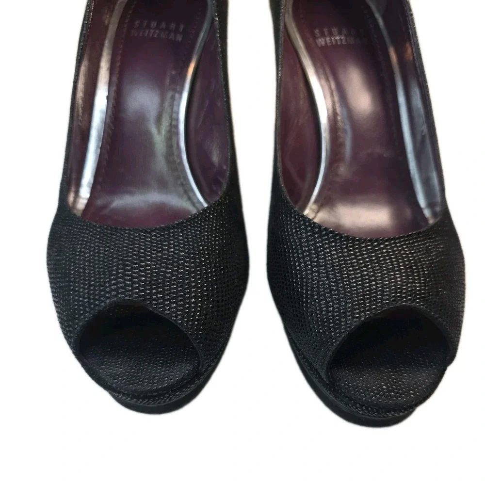 Stuart Weitzman Black Textured Peep Toe Platform Pumps Heels 7M OW31563